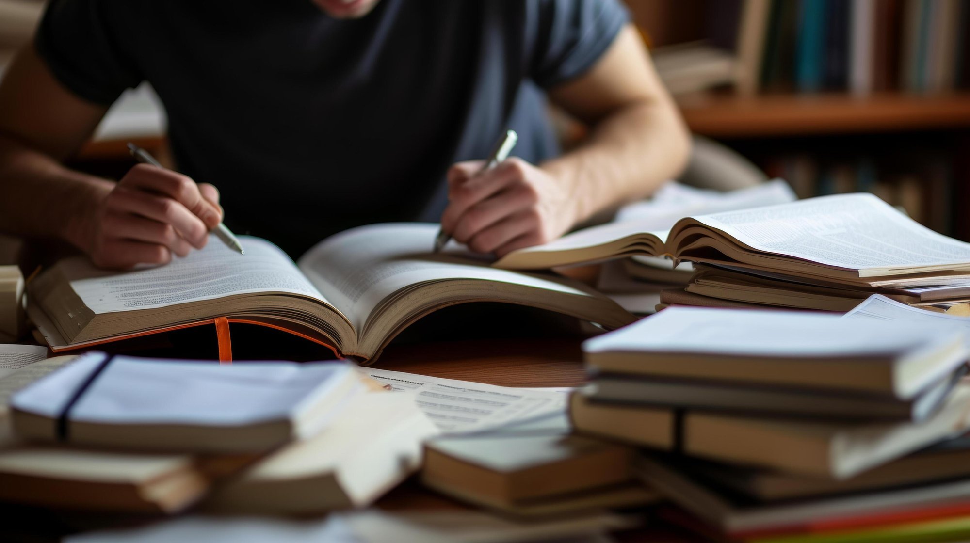ai-generated-close-up-of-a-person-studying-with-focused-determination-surrounded-by-books-and-notes-free-photo